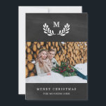 Merry Christmas | Chalkboard Look with Photo Holiday Card<br><div class="desc">This rustic holiday card features two of your personal photos,  with a white laurel wreath surrounding your monogram on a black chalkboard look background.</div>