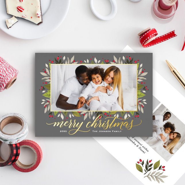 Merry Christmas Charcoal Gold Elegant Script Foil Holiday Card (Creator Uploaded)