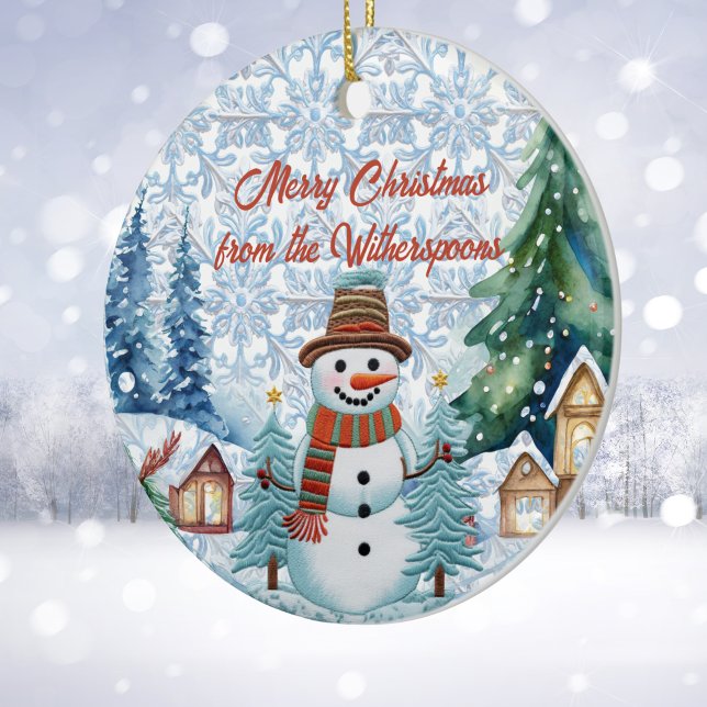 Merry Christmas Charming Snowman Village Monogram Ceramic Ornament (Creator Uploaded)