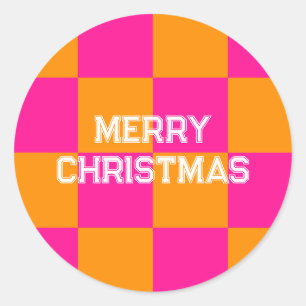 Merry Christmas Check Hot Pink Orange Classic Round Sticker