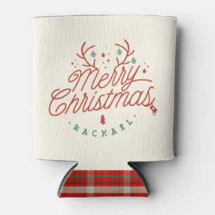 Merry Christmas Check Plaid Personalised Reindeer Can Cooler