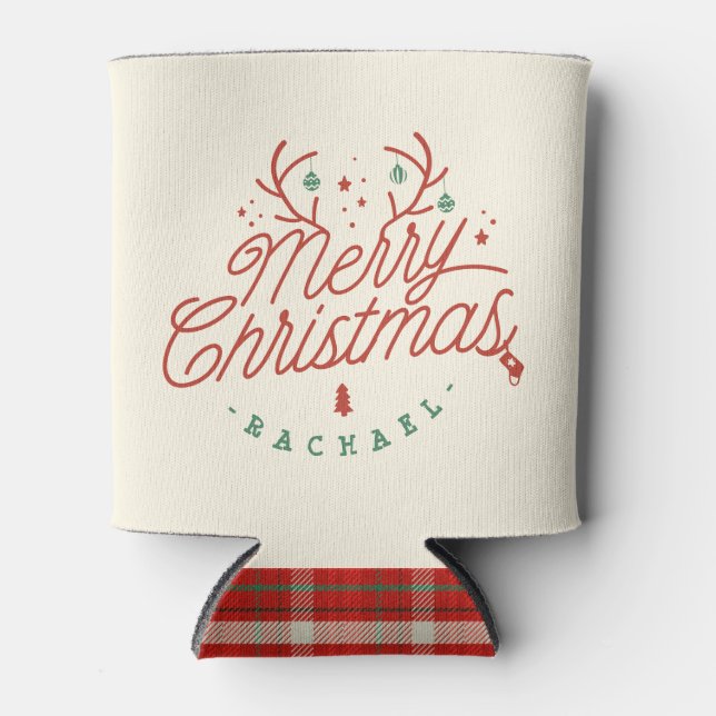 Merry Christmas Check Plaid Personalised Reindeer Can Cooler (Front)