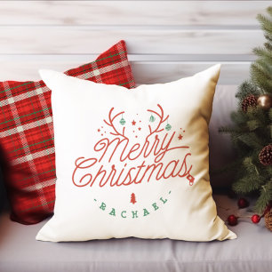 Merry Christmas Check Plaid Personalized Reindeer Cushion