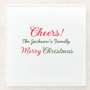 merry christmas cheers add family name text photo glass coaster