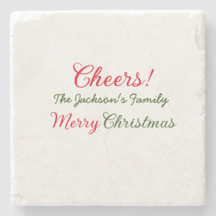merry christmas cheers add family name text photo stone coaster