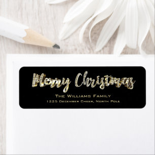 Merry Christmas Chic Black and Gold Script Return Address Label