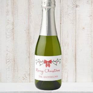 Merry Christmas Chic Coquette Red Bow Personalised Sparkling Wine Label