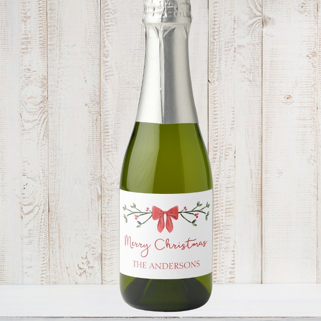 Merry Christmas Chic Coquette Red Bow Personalised Sparkling Wine Label (Creator Uploaded)