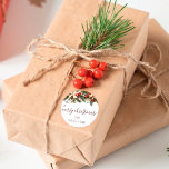 Merry Christmas chic floral green red pine floral Classic Round Sticker<br><div class="desc">Merry Christmas chic floral with green pine branches,   red poinsettia and Christmas deco illustration,  featuring an elegant script.</div>