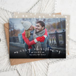 Merry Christmas Chic Script Overlay Photo Holiday Card<br><div class="desc">Affordable custom printed Christmas photo cards with simple templates for customisation. This stylish design features a simple photo overlay design with "Merry Christmas" in a modern calligraphy script font. Personalise it with your photo, name, the year or other custom text. Reverse side has space for additional photos or text. Use...</div>