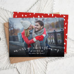Merry Christmas Chic Script Overlay Photo Holiday Card<br><div class="desc">Affordable custom printed Christmas photo cards with simple templates for customization. This stylish design features a simple photo overlay design with "Merry Christmas" in a modern calligraphy script font. Personalize it with your photo, name, the year or other custom text. Reverse side has space for additional photos or text. Use...</div>