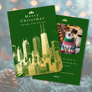 Merry Christmas Chicago Green Foil Photo Card