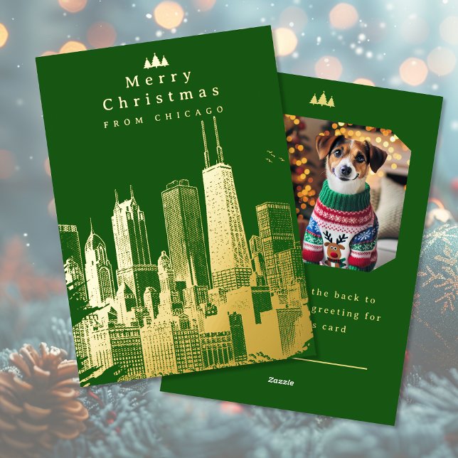 Merry Christmas Chicago Green Foil Photo Card (Merry Christmas Chicago Green Foil Photo Card (front and back))