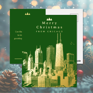 Merry Christmas Chicago Green Foil Post Card