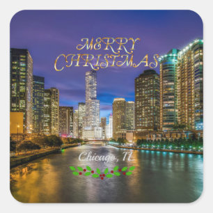 Merry Christmas, Chicago River at Sunset Square Sticker