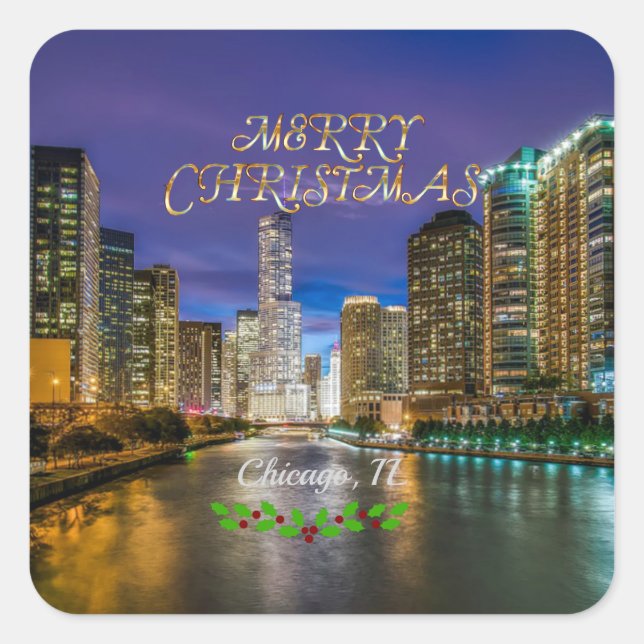 Merry Christmas, Chicago River at Sunset Square Sticker (Front)