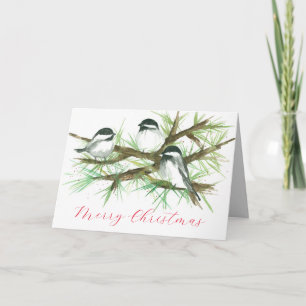 Merry Christmas Chickadee Birds in a Tree Card