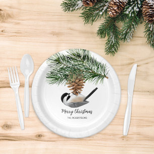 Merry Christmas Chickadee on Pinecone Paper Plate