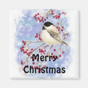Merry Christmas Chickadee Snowy Berry Tree Magnet