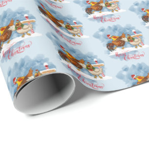 Merry Christmas Chicken and Rooster at North Pole Wrapping Paper