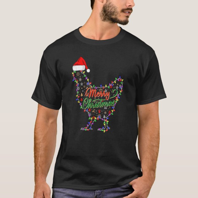 Merry Christmas Chicken Chicken Santa Hat Lights X T-Shirt (Front)