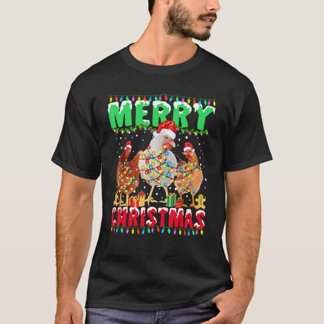 Merry Christmas Chicken  Santa Hat Lights  Xmas 1 T-Shirt (Front)