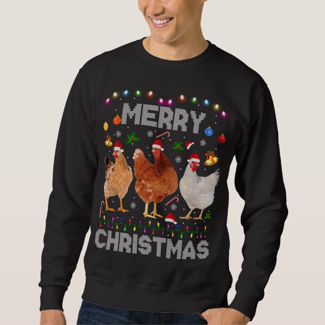 Merry Christmas Chicken Santa Hat Lights Xmas Farm Sweatshirt (Front)