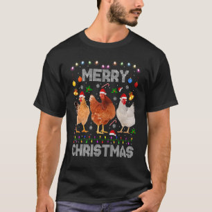 Merry Christmas Chicken Santa Hat Lights Xmas Farm T-Shirt