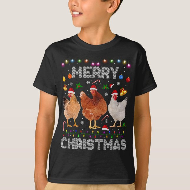 Merry Christmas Chicken Santa Hat Lights Xmas Farm T-Shirt (Front)