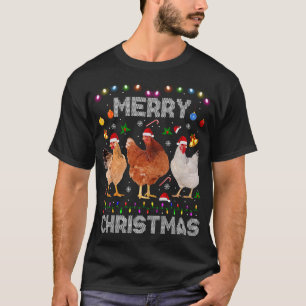 Merry Christmas Chicken Santa Hat Lights Xmas Farm T-Shirt