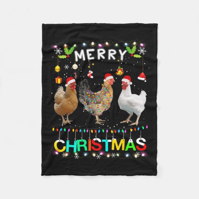 Merry Christmas Chicken Santa Hat Lights Xmas Fun  Fleece Blanket (Front)