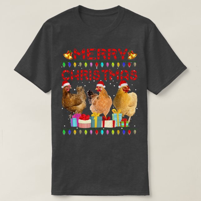 Merry Christmas Chicken  Santa Hat Lights Xmas Fun T-Shirt (Design Front)