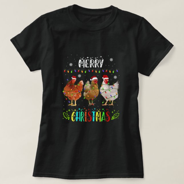 Merry Christmas Chicken Santa Hat Lights Xmas Paja T-Shirt (Design Front)
