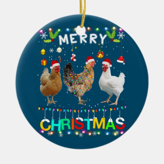 Merry Christmas Chicken Shirt Santa Hat Lights Xma Ceramic Ornament (Front)