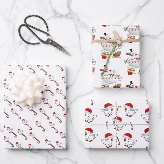 Merry Christmas Chickens Wrapping Paper Snowman (Front)
