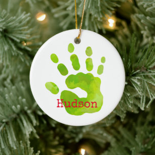 Merry Christmas Child Handprint Green NAME Red Fun Ceramic Ornament