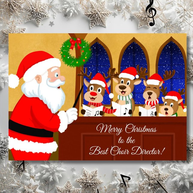 Merry Christmas Choir Director Santa with Reindeer Card (Creator Uploaded)
