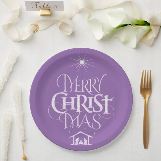 Merry Christmas Christian Calligraphy Chalk Purple Paper Plate (Wedding)