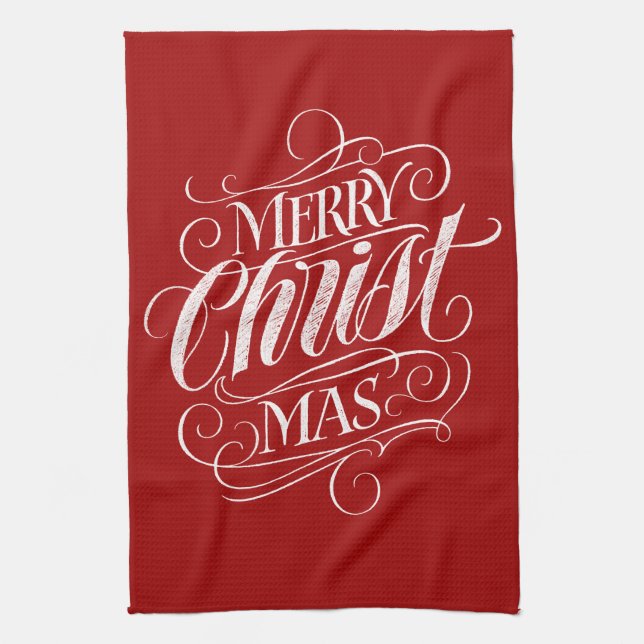 Merry CHRISTmas Christian Calligraphy Chalk Red Tea Towel (Vertical)