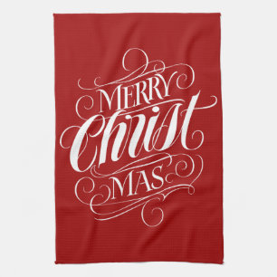 Merry CHRISTmas Christian Calligraphy Script Red Tea Towel