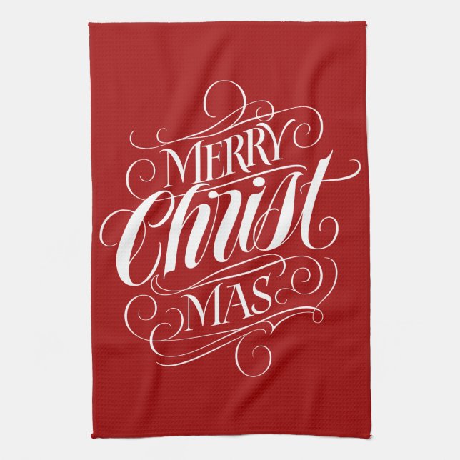 Merry CHRISTmas Christian Calligraphy Script Red Tea Towel (Vertical)