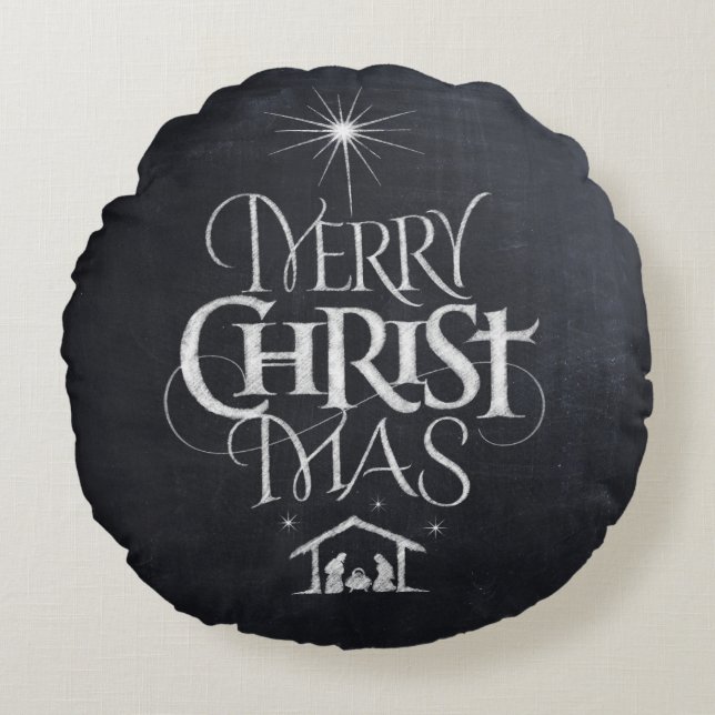 Merry CHRISTmas Christian Chalkboard Nativity Round Cushion (Front)