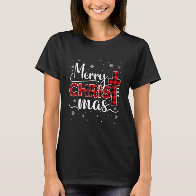 Merry Christmas Christian Cross Buffalo Plaid Fami T-Shirt (Front)