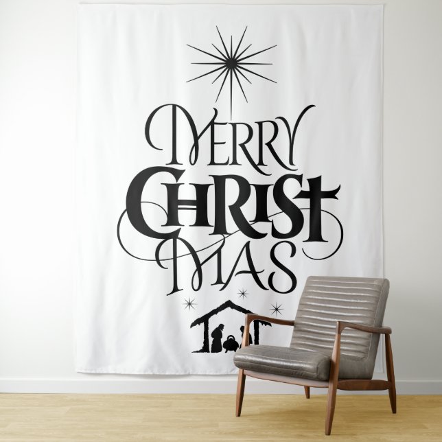 Merry CHRISTmas Christian Elegant Black White Tapestry (In Situ)