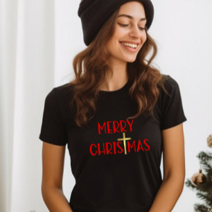 Merry Christmas Christian Gold Cross Faith Black T-Shirt