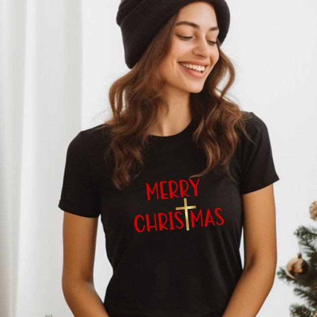 Merry Christmas Christian Gold Cross Faith Black T-Shirt (Creator Uploaded)