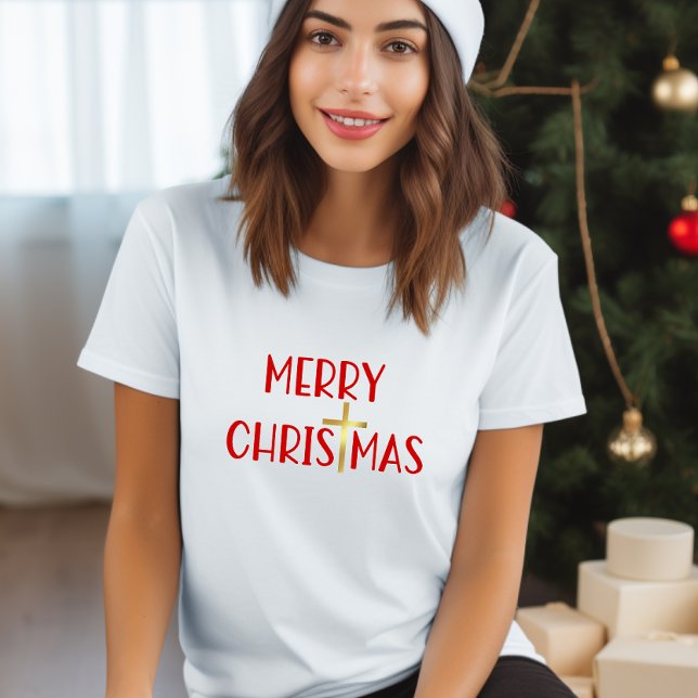 Merry Christmas Christian Gold Cross Faith White  T-Shirt (Creator Uploaded)