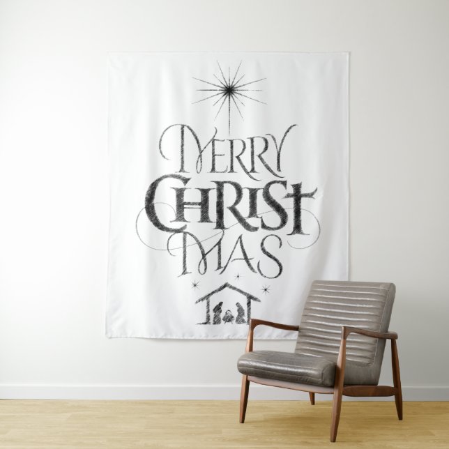 Merry Christmas Christian Jesus Christ Black Chalk Tapestry (In Situ)