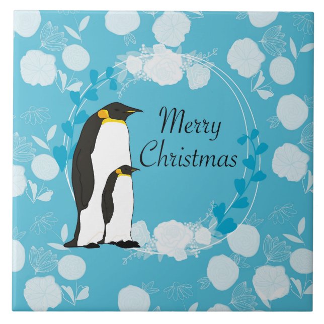 merry christmas, christmas,penguin,flowers,blue, ceramic tile (Front)