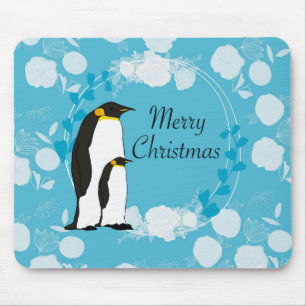 merry christmas, christmas,penguin,flowers,blue, mouse pad